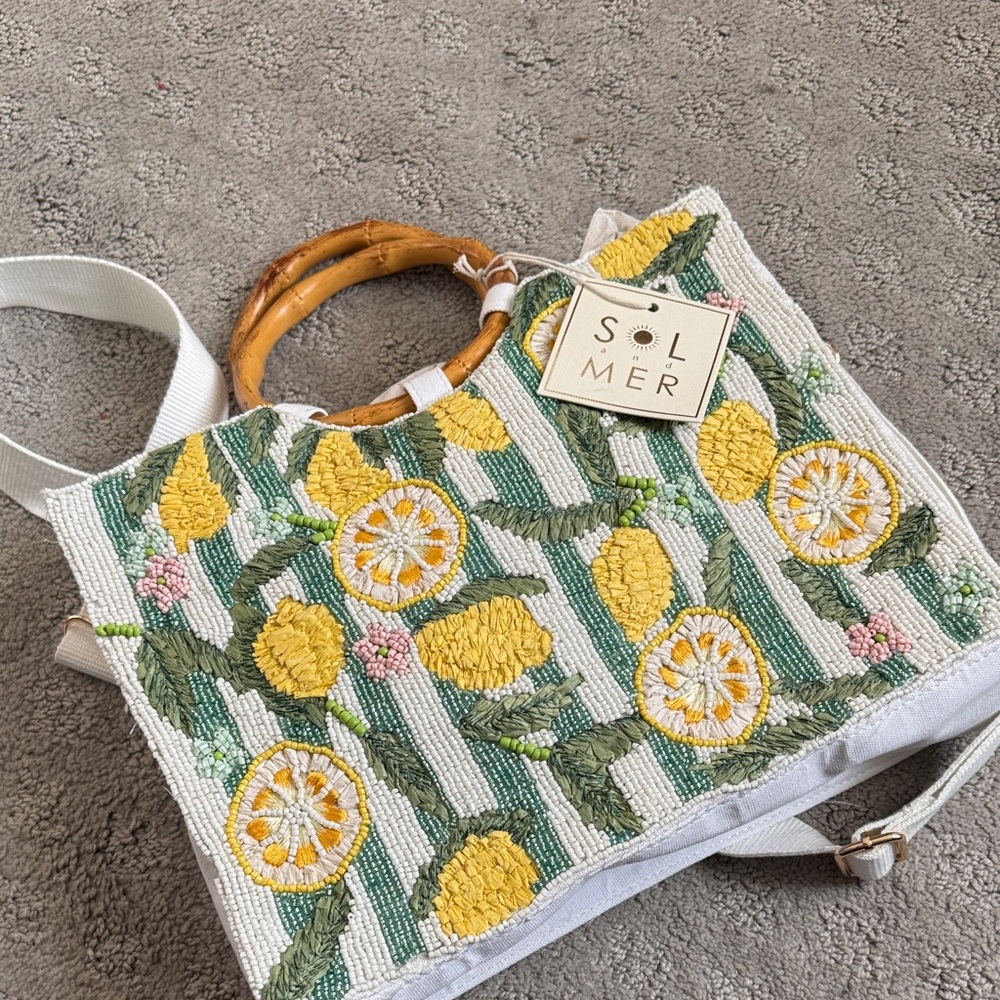 Sol & Mer Yellow Lemon Embroidered Tote with Bamboo Handles